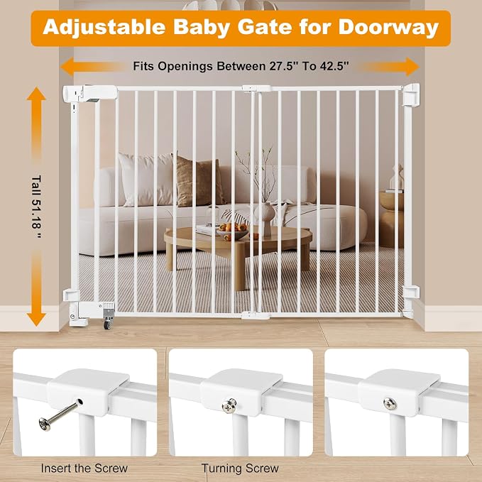 SHYUJAJIE No Bottom Bar Baby Gate, 51.18 inch Tall Cat Pet Gate | for Doorway, Adjustable 27.5in- 43 in Dog Gate with Large Walk Thru Door,White