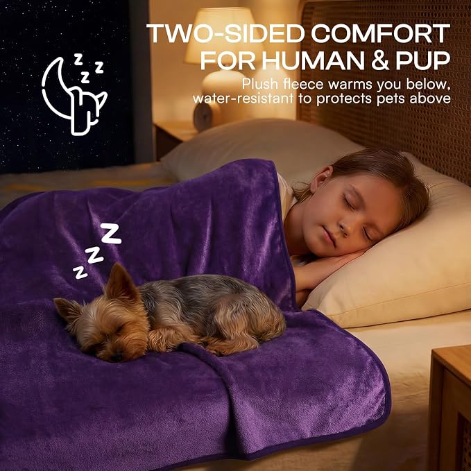 Luciphia Waterproof Pet Blanket, Washable Reversible Sherpa Fleece Throw | Liquid-proof furniture protector for bed and couch, soft reversible sherpa fleece for dogs, cats purple, XL