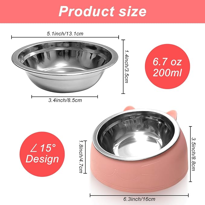 7 Pcs Raised Cat Food Bowl Stainless Steel Tilted Feeding for Little Cat Raised 15° Elevated Pet Dish for Kitten Puppy Anti-Slip Detachable Pet Stainless Steel Slope Base Food Bowl with 5 Food Scoop