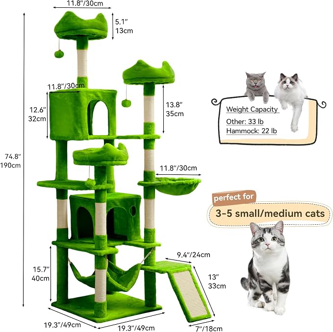 YITAHOME 75inch Cat Trees for Large Cats | Cat Tower for Indoor Cats with Scratching Post, Hammock, Cat Condo, Green