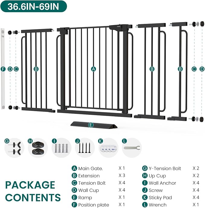 Cumbor Extra Wide Baby Gate, 36.6-69" Walk-Through Dog Gate Black | Auto-Close & Dual Lock Pet Gates for Stairs, Doorways & Hallways, 30.5" Tall Easy Install Pressure-Mounted Safety Gate Indoor
