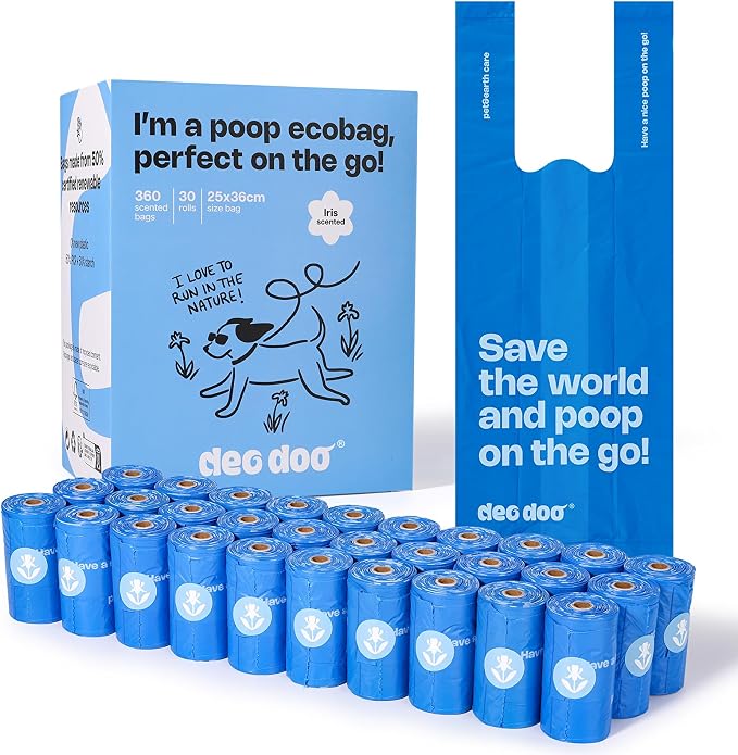 Deo Doo Dog Poop Bags with Handles, 360 Counts, 30 Refill Rolls | Iris Scented, Extra Thick Leak Proof, Easy-Tie Design for Multi-Pet Waste and Cat Litter Cleanup