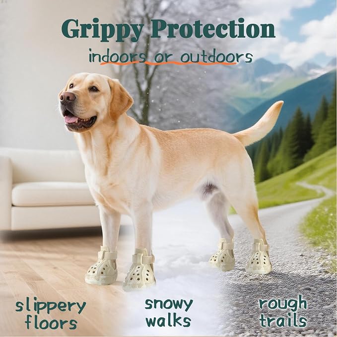 Dog Shoes for Hot Summer Pavement, Dog Shoes for Large Dogs, Waterproof Dog Boots & Paw Protectors, Non-Slip Dog Rain Booties, Easy Clean Sandals for Beach Khaki Size 7