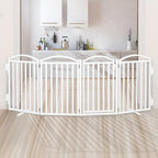 Malier Metal Freestanding Dog Gates with Door, Outdoor Indoor Dog Fences, Extra Wide Foldable Puppy Gate for Stairs, Hallways, Yard (White, 80''W × 32''H【4 Panels】)