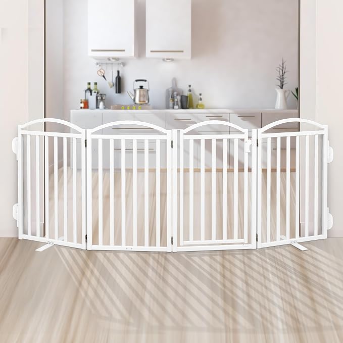 Malier Metal Freestanding Dog Gates with Door, Outdoor Indoor Dog Fences, Extra Wide Foldable Puppy Gate for Stairs, Hallways, Yard (White, 80''W × 32''H【4 Panels】)
