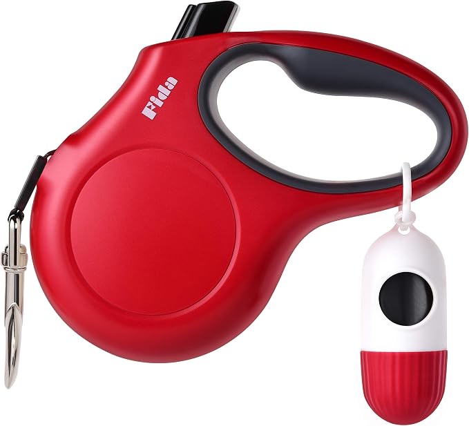 Fida Retractable Dog Leash for Large Breed up to 110 lbs, 16 ft Heavy Duty Pet Walking Leash with Dispenser and Poop Bags, Anti-Slip Handle, Reflective Strong Nylon Tape (L, Red)