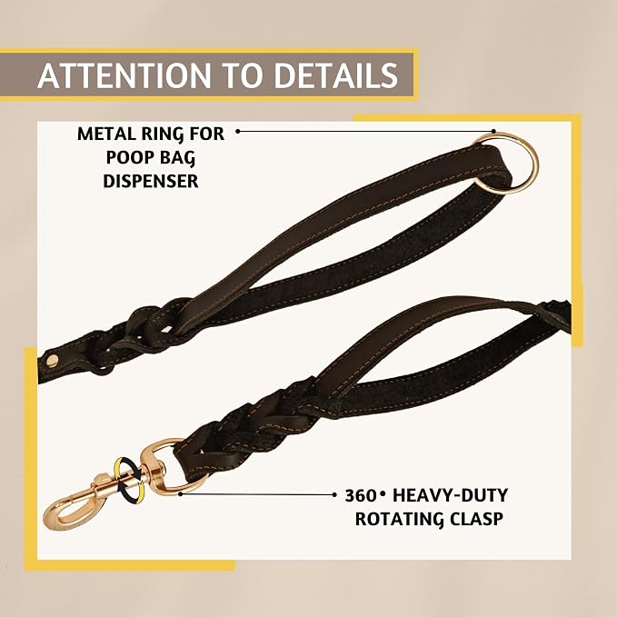 ADITYNA 6ft Leather Dog Leash with Traffic Handle for Extra-Large Dogs | Heavy-duty braided leather leash, 1" width x 6ft, Double handle for extra control, ideal for training & busy sidewalks.
