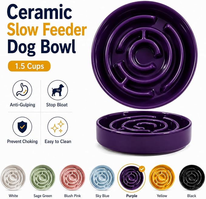 Ceramic Slow Feeder Dog Bowl, 1.5 Cup Puzzle Dish for Small Medium Dogs | Glazed ceramic maze bowl with 1.5-cup capacity for dry or wet food, sized for small and medium dogs