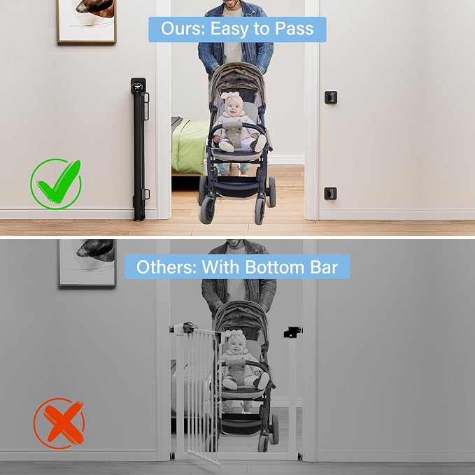 Retractable Baby Gates for Stairs No Drill | Extends to 54" Wide 34" Tall | Black