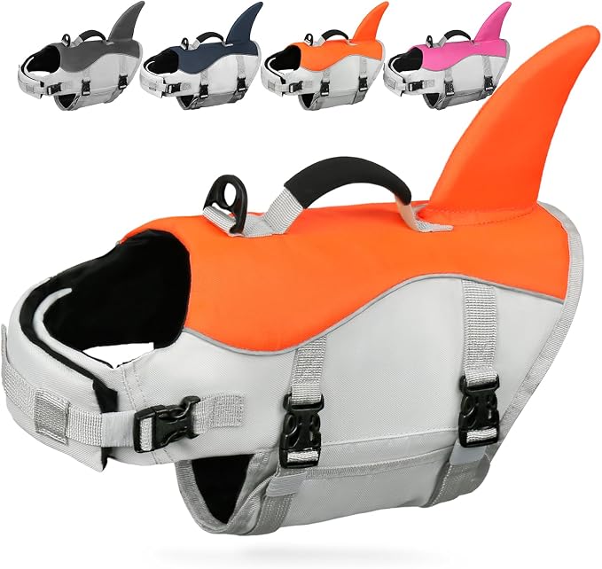AMZNOVA Dog Swim Vest Shark Dog Life Jacket Life Vest | Lifejacket with Shark Fin & Handle for Boating & Swimming, High Visibility Adjustable for Doggy Cat Puppy, XL, Bright Orange