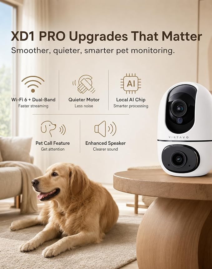 VIRTAVO Pet Camera Indoor WiFi 6, No Subscription, for Dogs Cats | Dual Band 2.4/5GHz, 360° Auto Tracking, Pet Call, Dual Lens, 2-Way Audio, Night Vision, SD & Cloud, Wired