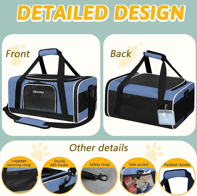 Petskd Small Pet Carrier 17" L x 11" W x 9.5" H Airline Approved, Blue | for Alaska Airlines, Lockable Safety Zippers and Anti-Scratch Mesh, Pets Under 10 lbs
