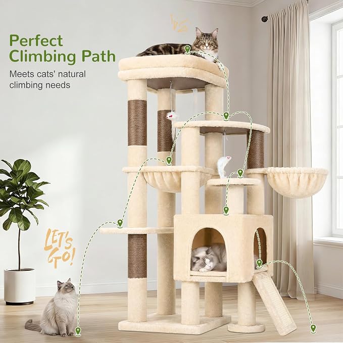 Globlazer S51 Sturdy Cat Tree for Indoor Large Cats, Beige | 51in Cat Tower with 4 Scratching Posts, Large Cat Tree with hammock for Cats Large Adult, Hanging Baskets, Top Perch