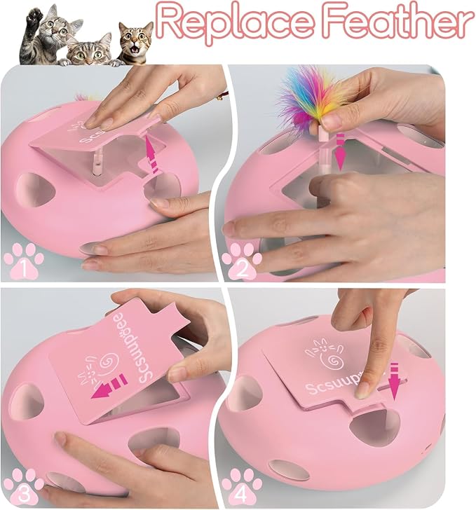 Interactive Cat Toy, Pink | Electric for Moving Concealed Feathers, Smart Sensor 7 Holes Whack a Mole Feather Toy, USB Charge Automatic