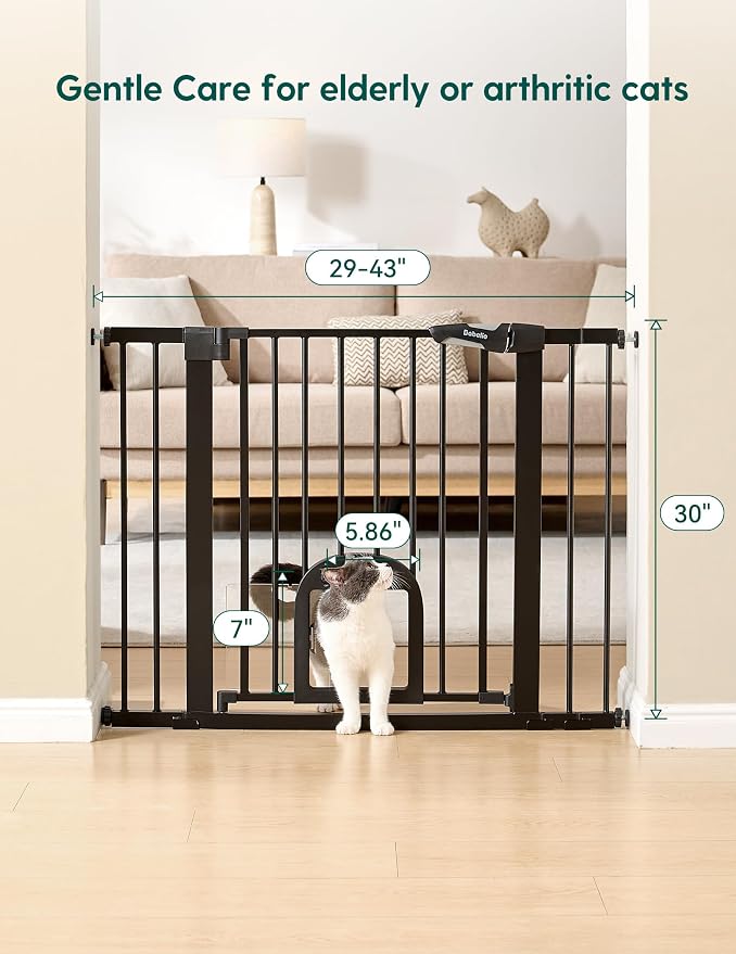 Babelio Baby Gate with Adjustable Cat Door, CatPrivilege III, 29-43" | Auto-Close, Pressure Mounted with No Drilling, Dual Lock Safety Gates For Stairs, Doorways and House, Easy Walk Thru, Black