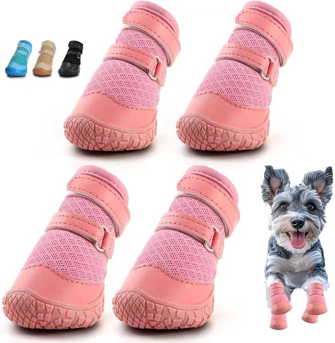 Dog Shoes for Small Dogs, Dog Boots & Paw Protectors for Hot Pavement Winter Snow Hiking, Anti-Slip Dog Booties for Hardwood Floor Pink Size 3