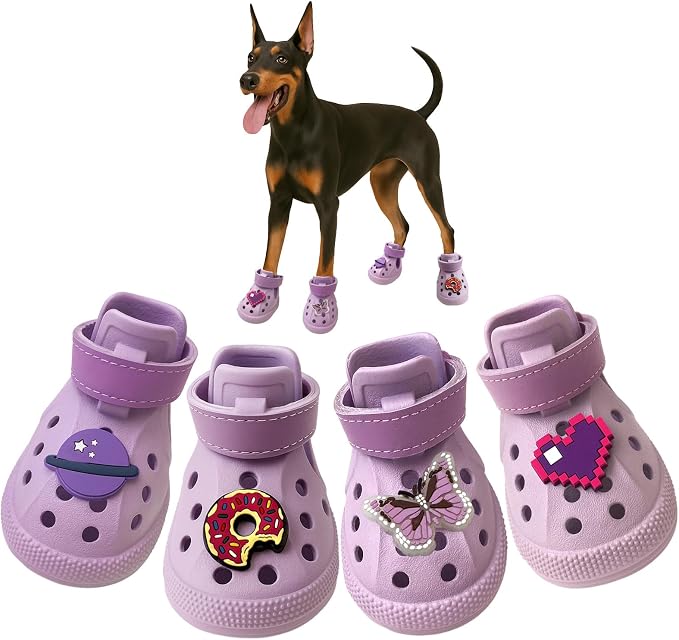 Dog Shoes,Non-Slip Waterproof Sandals for Hot Pavement, Breathable Perforated Boots,Adjustable Straps Dog Rain Booties for Summer Beach and Rainy Day(Purple,#7)