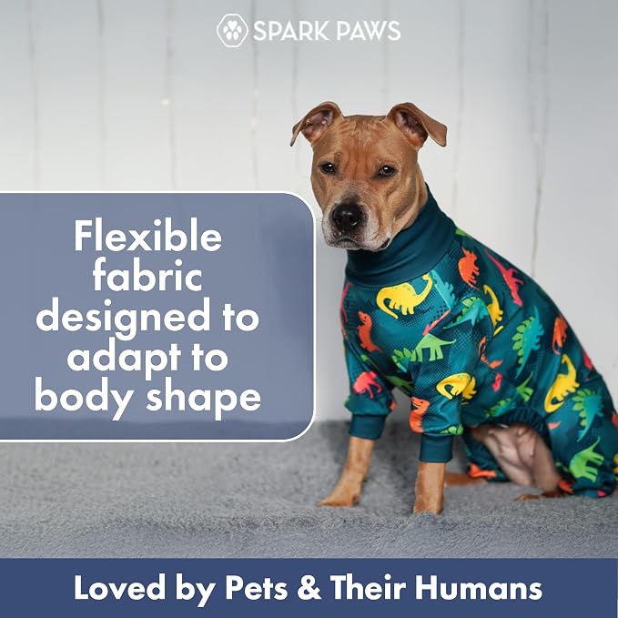 Spark Paws Dog Pajama, Dog Recovery Suit Male, Onesie, Ultra-Soft and 4-Way Stretch, for Small Medium and Large Breeds - Dinosaurs - 2XL