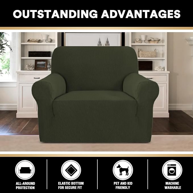 Stretch Chair Covers for Living Room, Washable Armchair Slipcovers, Fitted Chair Slip Cover Jacquard Small Checked Furniture Protector with Elastic Bottom(Armchair 31"-40",Olive)