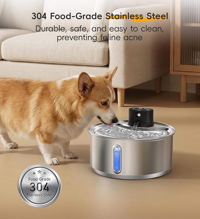 Stainless Steel Cat Water Fountain, 186fl.oz/1.45Gal Cordless Dog Fountain | Wireless Pet Fountain; 5000mAh Battery; Indoor; Triple Water Modes; 25 dB Ultra-Quiet