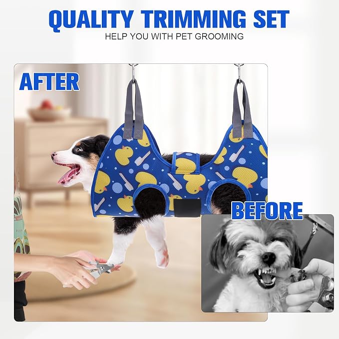 PAWCHIE Dog Grooming Hammock Harness for Dogs & Cats with Pet Nail Clipper Trimmer - Cat Hanger Sling for Trimming Clipping Nails- Dog Hammock Restraint Bag for Small Medium Large Dog, Navy Blue S