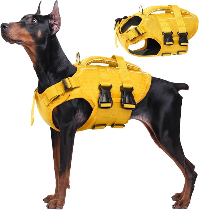 Kuoser Dog Life Jacket, High Flotation Reflective Dog Life Vest, Yellow,XXL | Adjustable Dog Lifejackets for Small Medium Large Dogs, Lifevest with Rescue Handle for Swimming, Boating, Lake, Beach & Pool