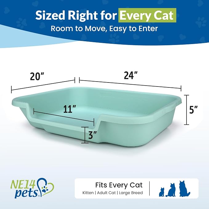 KittyGohere Senior Cat Litter Box Large with Scoop, 2 Pack Green | Open Top Low Entrance Kitty Litter Box With Long-handle Jumbo Scoop, Lightweight Low Entry Litters Box, Durable, Made in USA