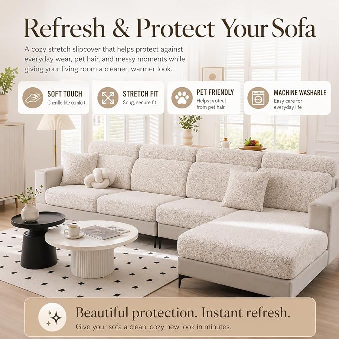 Stretch Sofa Slipcover, 2026 Upgraded Non Slip Couch Cover with Adjustable Straps, Pet Dog Cat Friendly Furniture Protector for 3 Seater, Washable for Living Room