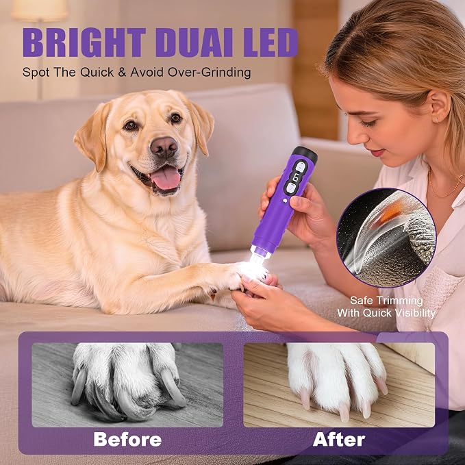 Quiet Dog Nail Grinder, 9-Speed Electric Pet Nail Trimmer with LED | Low noise, Safety sensor guard, 2 LED lights, USB rechargeable, Professional grooming, Sensitive paws, Dogs cats all breeds