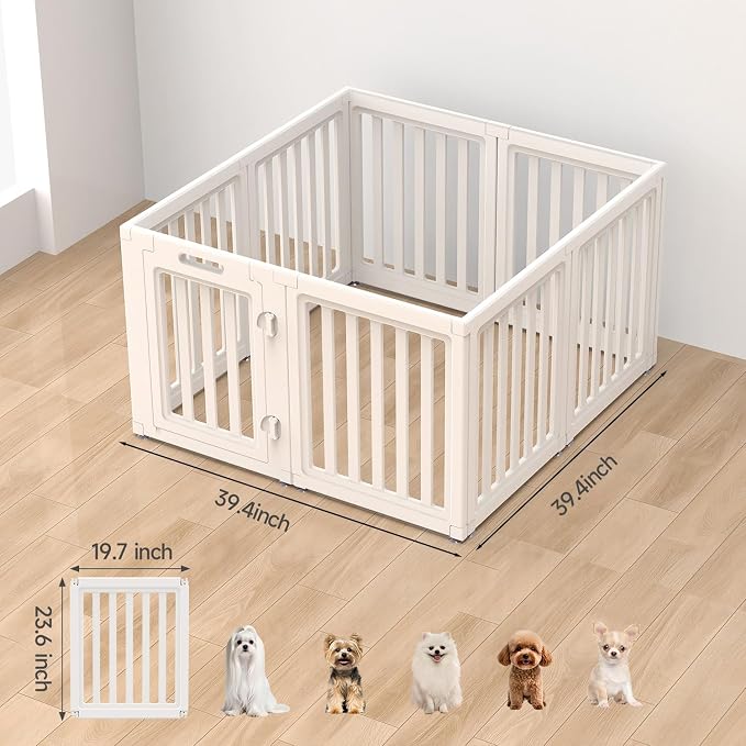 EVERFRONT Dog Playpen with Door - Dog Pen Indoor - Easy Assemble Dog Play Pen - Puppy Playpen, Cat Playpen, Small Animal Playpen, Dog Play Pen Indoors (White, 24", 8 Panels)