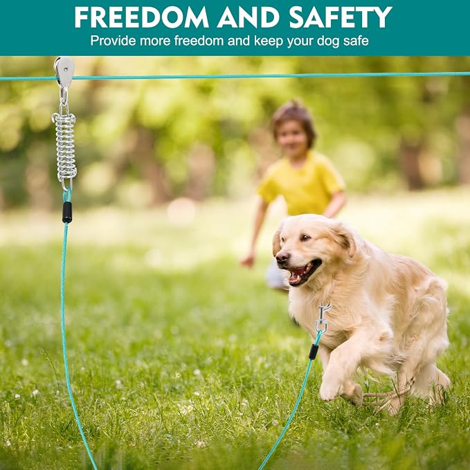 Dog Runner for Yard, Trolley System, 50FT+10FT, Blue | Chew-resistant Cable, Shock Spring Softens Pulls, 360° Swivel Reduce Tangles