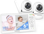 HelloBaby Baby Monitor with 2 Cameras, World First 6" IPS Split Screen, Double Cams No WiFi, 30H Battery, 1000ft Range, 2-Way Audio, Pan-Tilt-Zoom, VOX, Night Vision, 8 Lullabies, Ideal for Twins