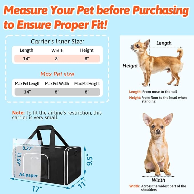 Petskd Small Pet Carrier 17"x11"x9.5" with Wheels Airline Approved, Black | for Alaska Airlines, Lockable Safety Zippers and Anti-Scratch Mesh, Pets Under 10 lbs