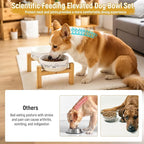 Elevated Ceramic Dog Bowls with Wooden Stand，6.1inch Raised Dog Bowls with Cute Pattern for Small and Medium Breed Dogs,2 Pack Dogs Food and Water Bowl Set,Weighted Pet Dishes Dishwasher Safe
