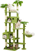 Meecal 77in Large Cat Tower for Heavy Duty Big Cats, Tall Cat Tree with Leaves - Scratching Post, Two Cat Condos, Soft Hammocks, Padded Perches & Dangling Balls, Green