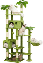 Meecal 77in Large Cat Tower for Heavy Duty Big Cats, Tall Cat Tree with Leaves - Scratching Post, Two Cat Condos, Soft Hammocks, Padded Perches & Dangling Balls, Green