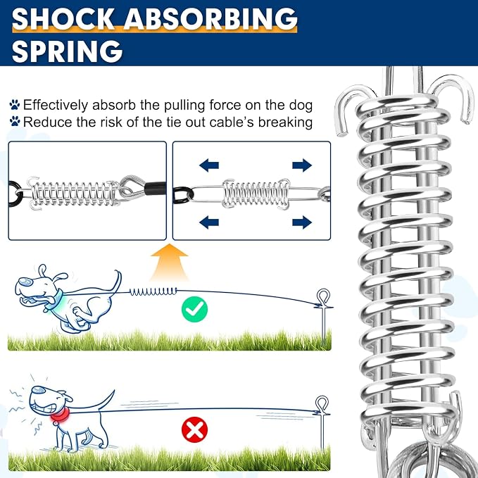 Snagle Paw Dog Tie Out Cable 30FT-1000LBS Break Strength,Heavy Duty Dog Leads for Yard with Shock Absorbing Spring & Swivel Hook,Long Leash Cable for Outdoor Tethering,Dog Line for Small Large Dogs