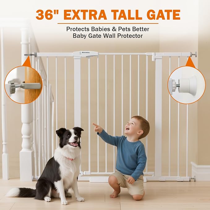 Mumeasy 36" Extra Tall Baby Gate for Stairs, 29.7-51" Wide Dog Gates Indoor for Doorways with Easy Walk Thru, Auto Close Pet Safety Gate for House, Pressure Mounted Metal Child Gate with Door, White