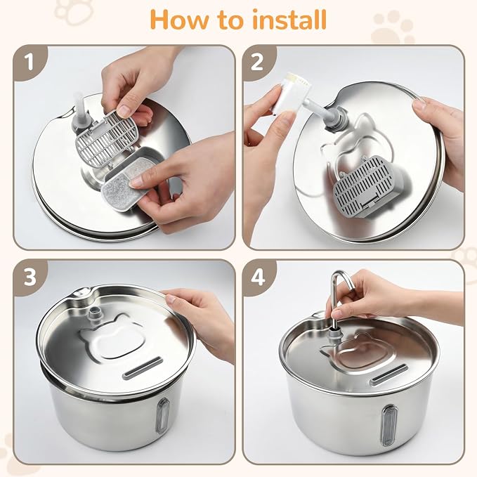 Stainless Steel Cat Water Fountain, 135oz/4L, 20 Filters | Ultra-Quiet Automatic Dog Water Dispenser with Adjustable Pump and 3 Flow Modes for Cats, Dogs, Multiple Pets