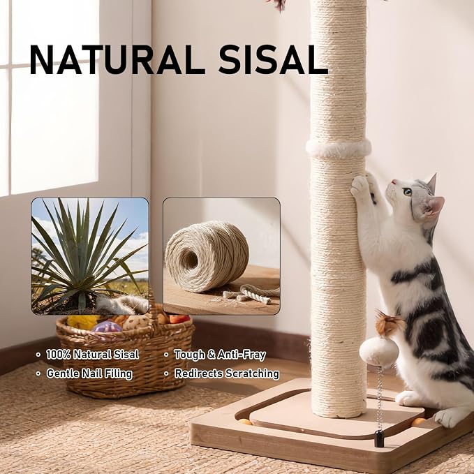PEEKAB Cat Scratching Post for Indoor Adult Cats and Kittens,33 Inches Tall Large Sisal Scratch Post with Track Ball Toys,Cat Scratcher Toy Beige