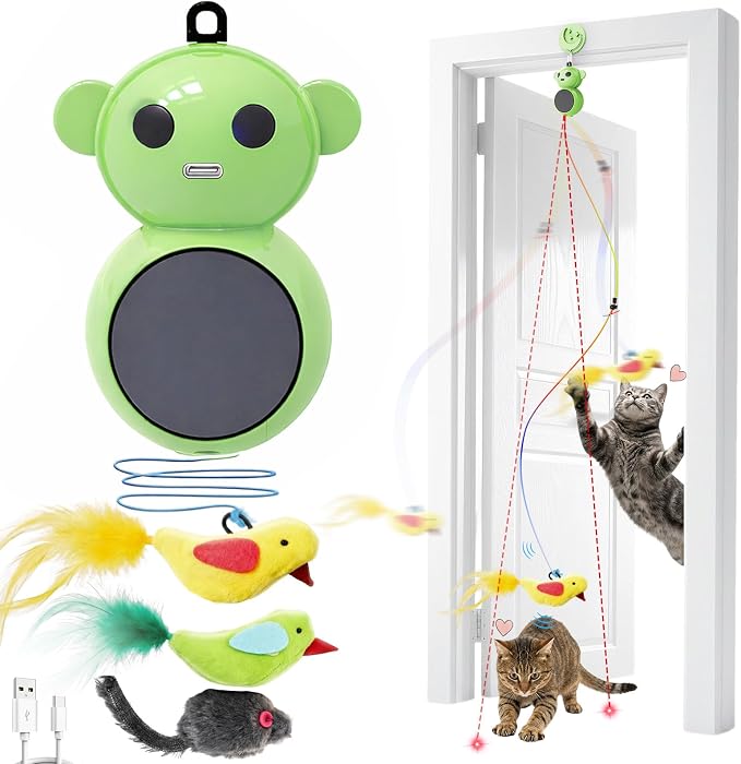 Interactive Cat Toys with Automatic Feather Flying Bird for Bored Adult Cat | Catpick toy Doorway Hanging Feather Toys for Indoor Cat & Kitten, Electric Smart Wand Toys for Exercise &Enrichment, Green