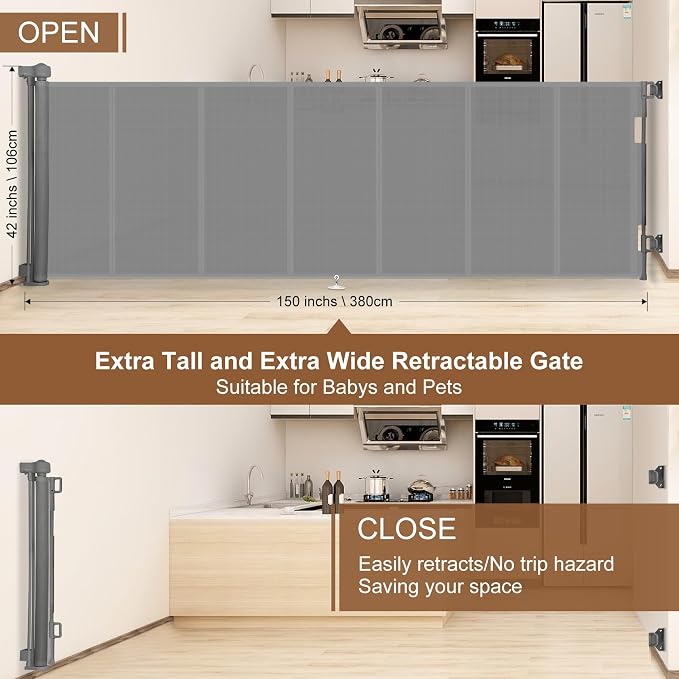 Miumoon 150 inch Reinforced Retractable Baby Gates 42 inch Tall | Retractable Dog Gate with No Crawl Through Reinforced Strip, 12 FT Extra Wide Retractable Gate for Indoor/Outdoor