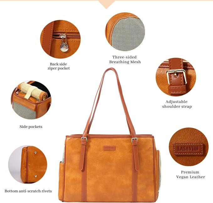 Lasaviin Fashion Dog Purse Pet Carrier Leather Bag for Small Dogs Cats Puppy, Portable Tote Bag Airline Approved Soft-Sided Carriers (Brown)