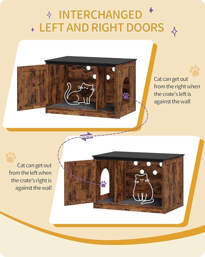Hzuaneri Cat Litter Box Enclosure, Hidden Litter Box Furniture with Divider | Wooden Cat Cabinet with Removable Dividers, Reversible Entrance Left or Right Side, Cat Washroom, Rustic Brown Black CB84601X