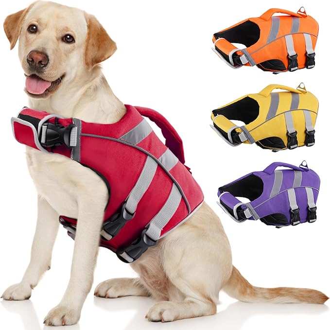 Kuoser Reflective Dog Life Jacket, Dog Life Vest for Swimming Boating | Adjustable Pet Lifejackets, High Flotation Doggie Swimsuit with Rescue Handle for Small Medium Large Dogs