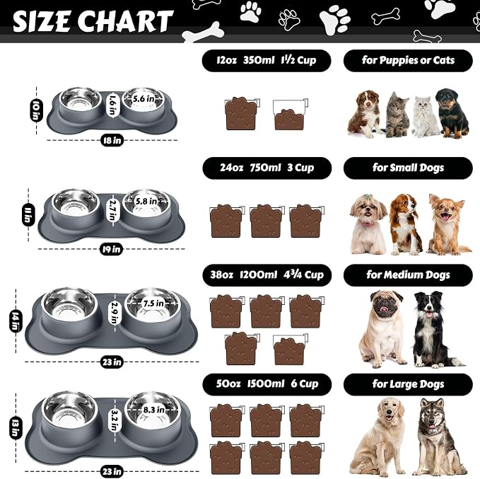 AsFrost Dog Food Bowls Stainless Steel Dog Food and Water Bowl Set, Dog Dishes No Spill Non Slip Silicone Mat, Dog Bowls for Small Medium Size Dogs Cat Puppy Pet Food Feeding Bowls, Grey, 12oz