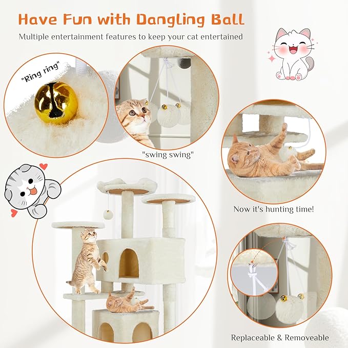 Sweetcrispy 54 Inch Cats Tree Tower with Scratching Post, Beige | Multi-Level Indoor Cat Tree Condo with Climbing Ladder, Plush Toy, Play House for Kittens