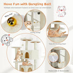 Sweetcrispy 54 Inch Cats Tree Tower with Scratching Post, Beige | Multi-Level Indoor Cat Tree Condo with Climbing Ladder, Plush Toy, Play House for Kittens