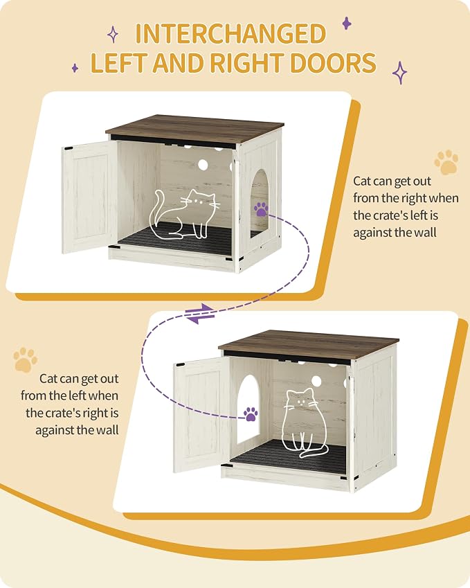 Hzuaneri Cat Litter Box Enclosure, Hidden Litter Box Furniture with Divider | Wooden Cat Cabinet with Removable Dividers, Reversible Entrance Left or Right Side, Cat Washroom, Rustic White Brown CB84514X
