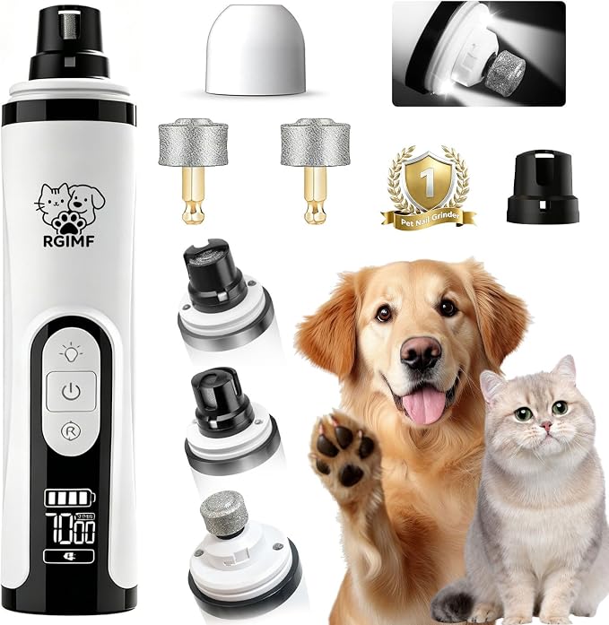 Dog Nail Grinder Whisper Quiet with Light for Sensitive Pets | 3-Speed Cat & Dog Nail Trimmers, Safe Painless Paws Grooming & Smoothing for Small Middle Large Pets (2 Replacement Head)